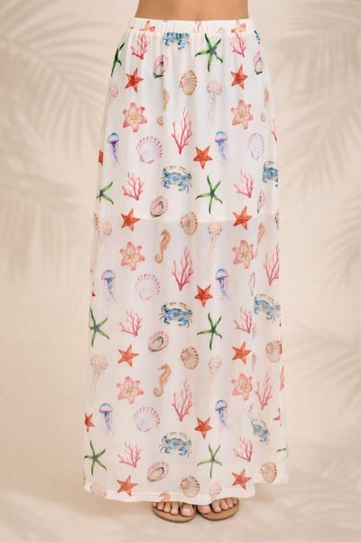 Coastal Seashell Print Midi Skirt