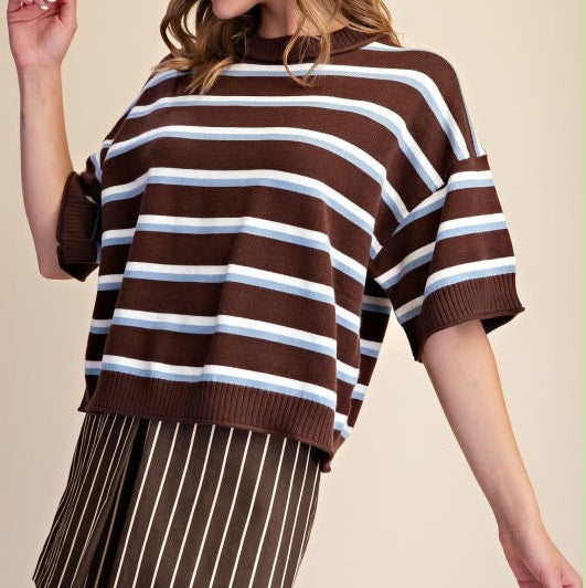 Crew Neck Stripe Sweater Top-Brown