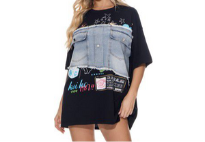 Graphic T-Shirt with Denim Trim