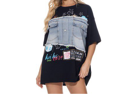 Graphic T-Shirt with Denim Trim