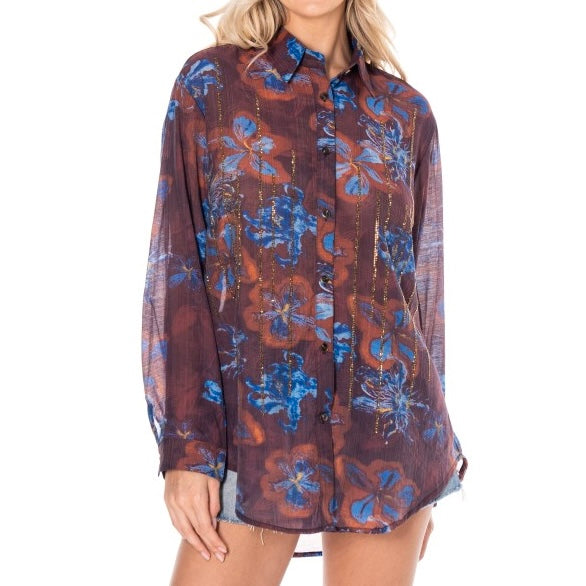 Floral Metallic Burgundy/Blue Blouse