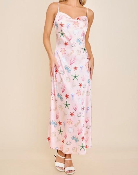 Pink Coastal Seashell Slip Midi Dress
