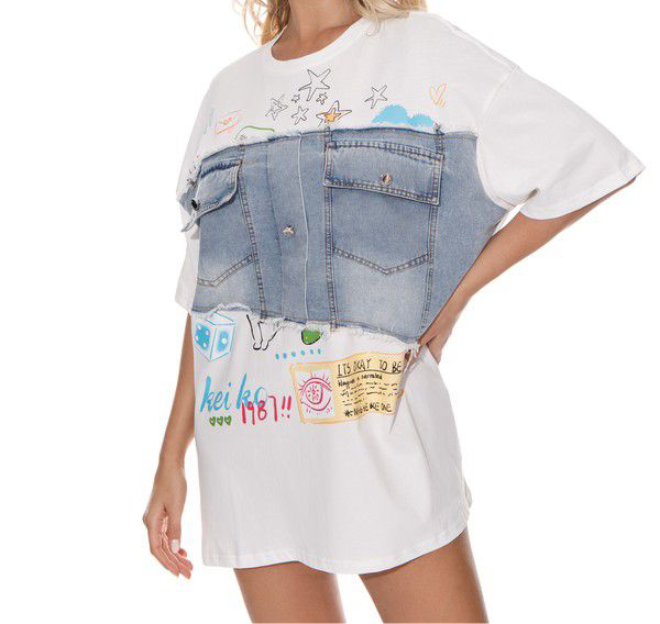 Graphic T-Shirt with Denim Trim