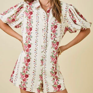 Floral Print Romper with Cuffs