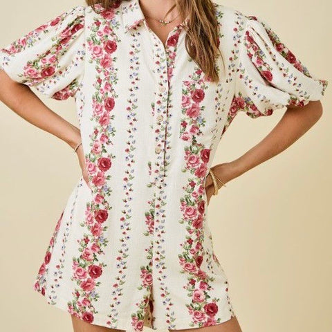Floral Print Romper with Cuffs