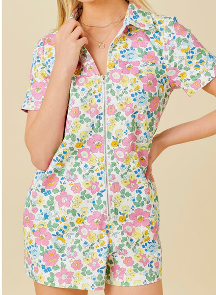 Floral Print Denim Romper