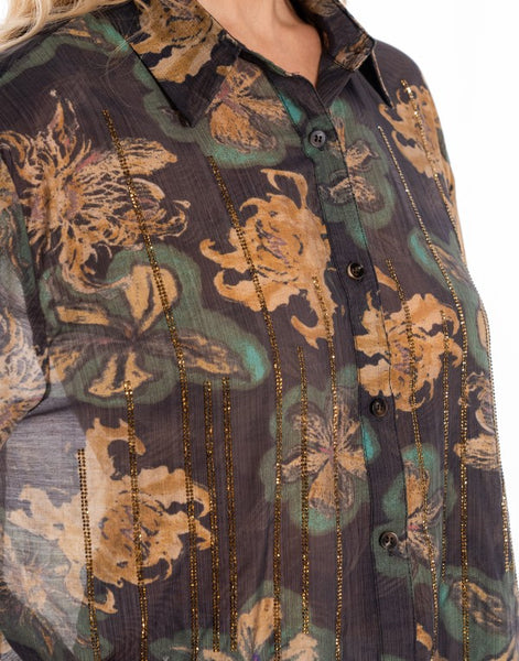 Floral Metallic Green/Black Blouse