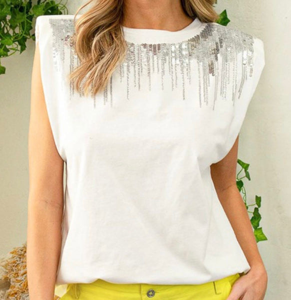 Padded Shoulder Sequin Detail Top