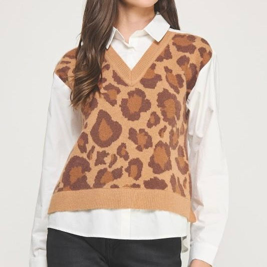 Leopard Sweater Panel Collared Shirt