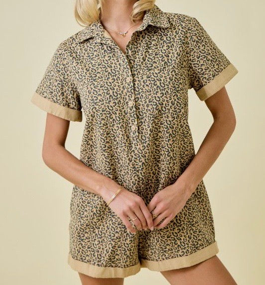 Leopard Denim Button Down Romper