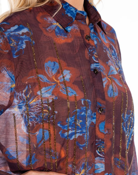 Floral Metallic Burgundy/Blue Blouse