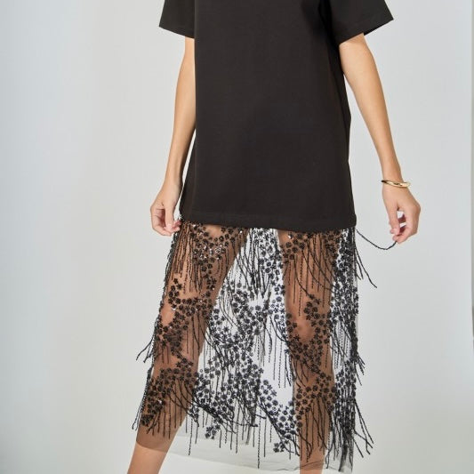 MIX RHINSTONE LACE T-SHIRT MIDI DRESS