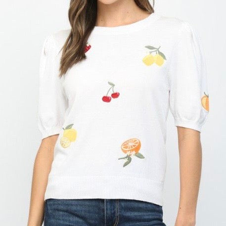 Fruits Embroidered Short Sleeve Sweater Top
