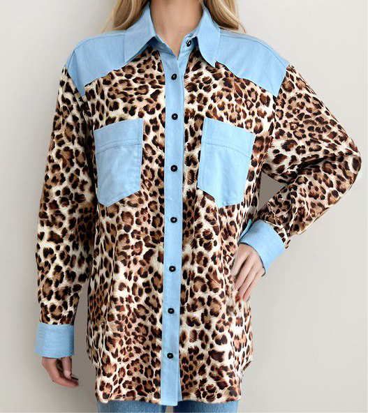Contrast Animal Print Blue Blouse
