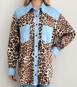 Contrast Animal Print Blue Blouse