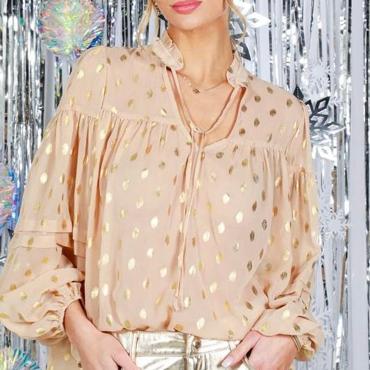 Pin-tuck Detail Dot Printed Blouse Top