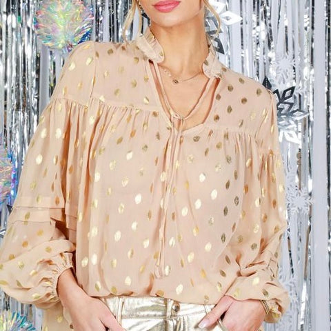 Pin-tuck Detail Dot Printed Blouse Top