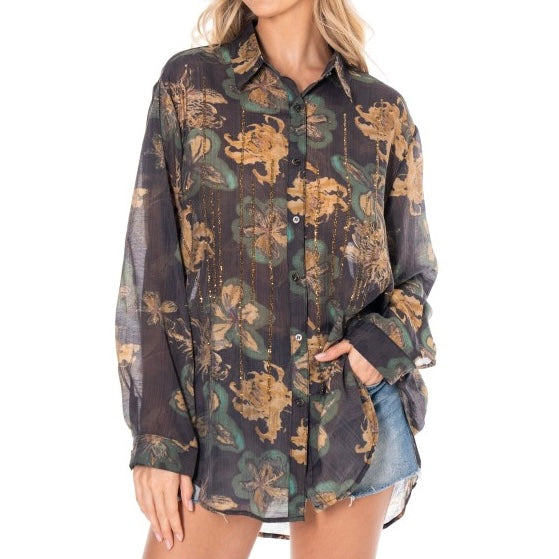 Floral Metallic Green/Black Blouse