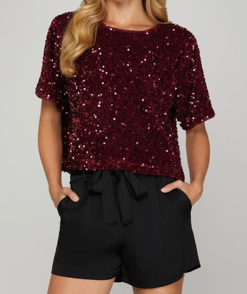 Wine Sequin Short Top