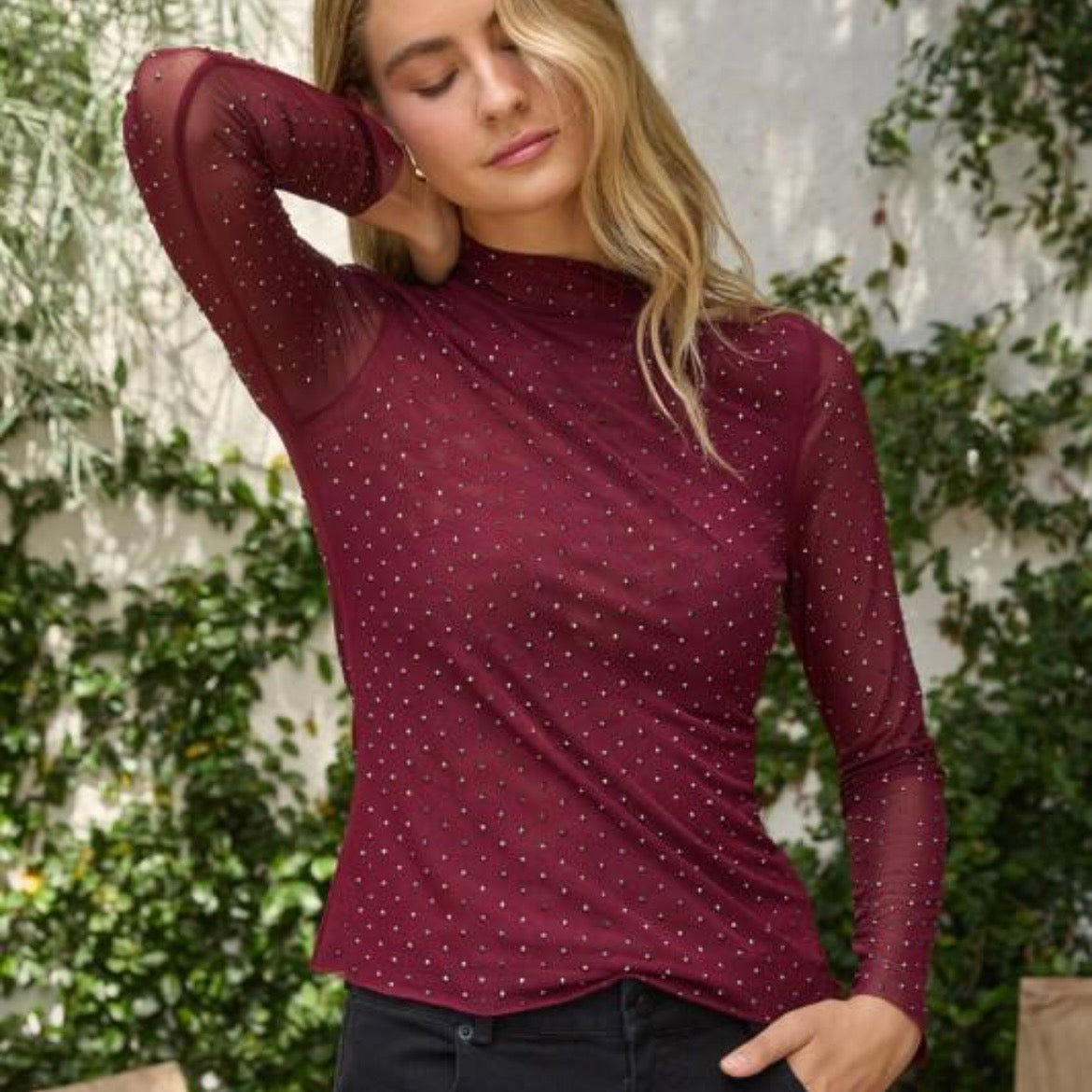 Rhinestone Mesh Mock Neck Top