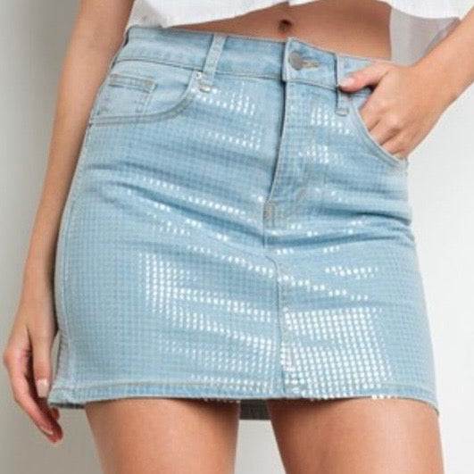 Clear sequin denim skirt