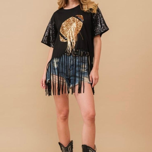 Football top with fringes and sequins