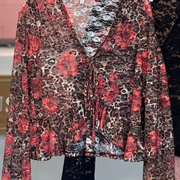 Leopard Rose Print Ruffle Top