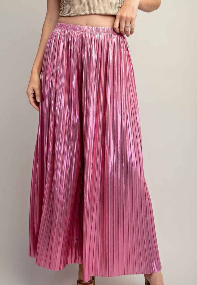 Pleated wide leg metallic pants pink