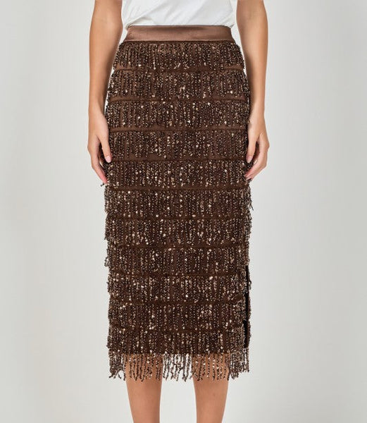 Chocolate Fringe Midi Skirt