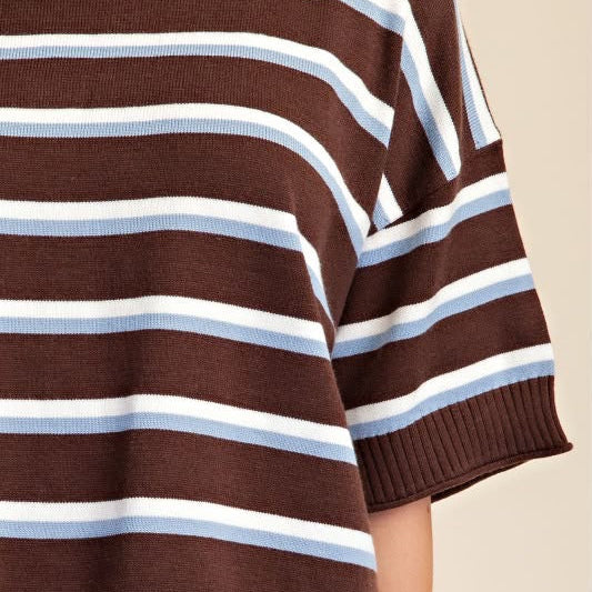 Crew Neck Stripe Sweater Top-Brown