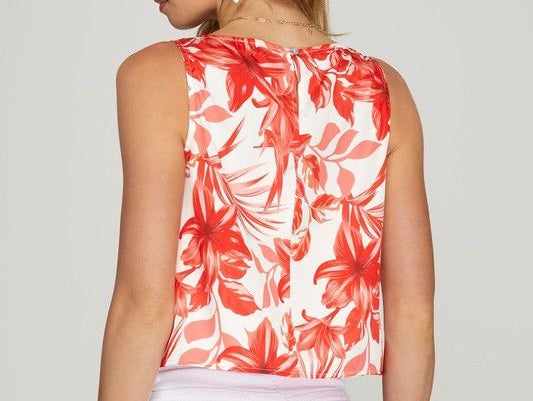 Sleeveless Floral Print Satin Cowl Neck Top