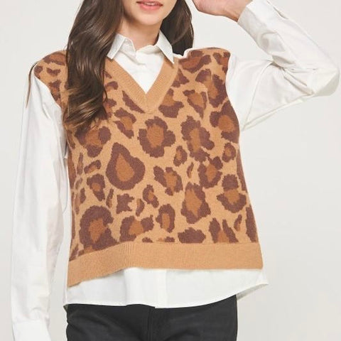 Leopard Sweater Panel Collared Shirt