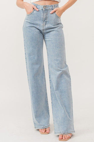 Stretch Denim High-Rise Pants with Rhinestones