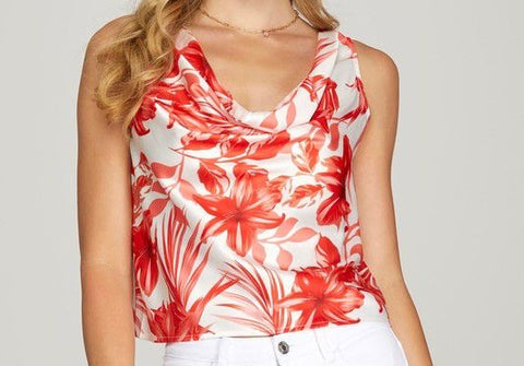 Sleeveless Floral Print Satin Cowl Neck Top