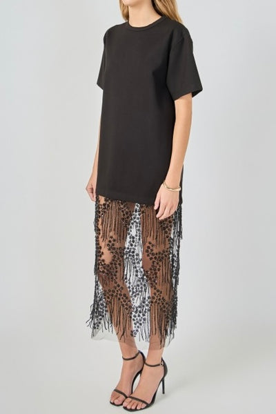 MIX RHINSTONE LACE T-SHIRT MIDI DRESS