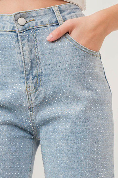 Stretch Denim High-Rise Pants with Rhinestones