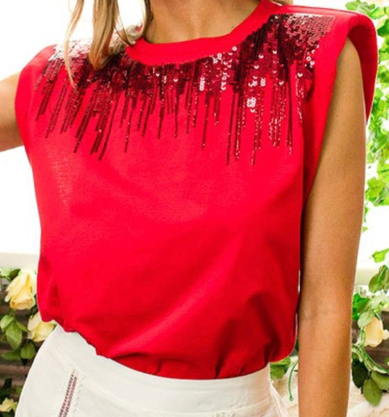 Padded Shoulder Sequin Detail Top