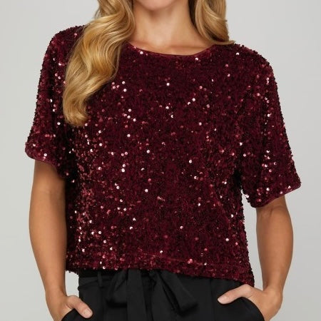 Wine Sequin Short Top