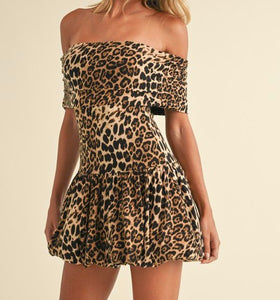 Leopard Off Shoulder Bubble Mini Dress