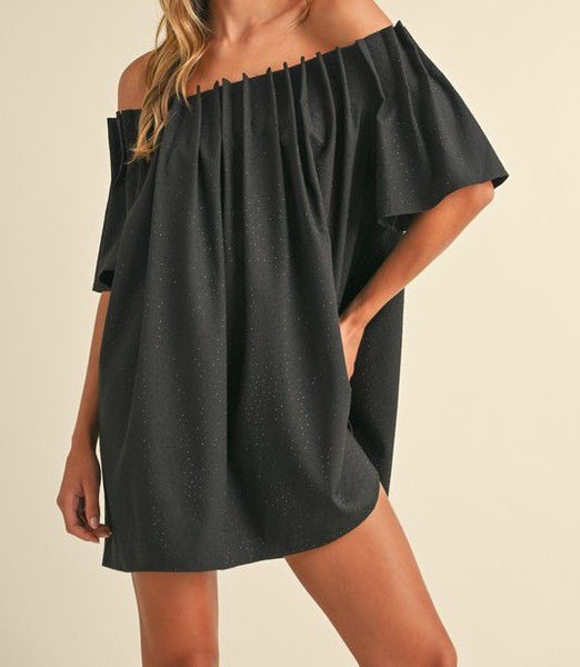 Black Embellished Off Shoulder Pleated Mini Dress