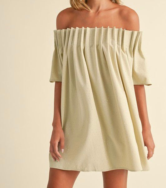 Taupe Embellished Off Shoulder Pleated Mini Dress