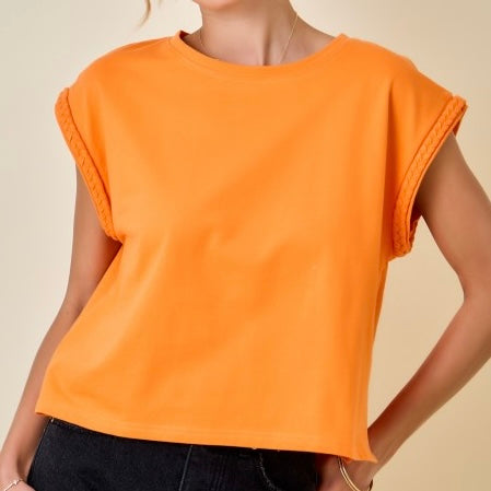 BOXY TSHIRT TOP WITH BRAIDED SLEEVE