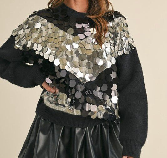 Large Sequins Knit Sweater Top