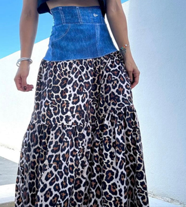 Leopard Denim Maxi Skirt