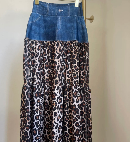 Leopard Denim Maxi Skirt