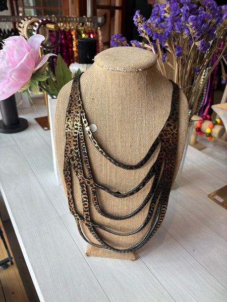 ULI Long Bronze Leopard Print Chains Necklace